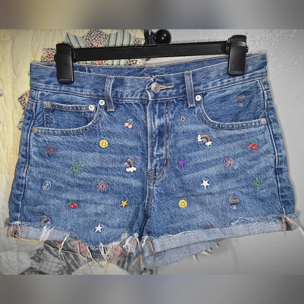 American Eagle Blue Jean Shorts with Colorful Embroidery